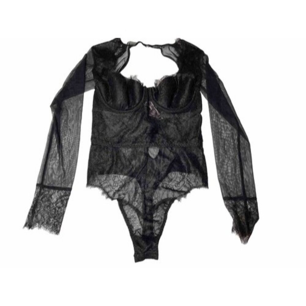 Victoria Secret Black Lingerie One Piece Long Sleeve Body Suit Lace 34b / 170